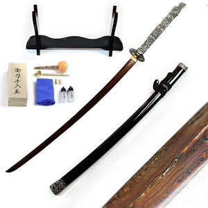 HIGHLANDER - DUNCAN MACLEOD KATANA - FORJADO Y PLEGADO A MANO, JUEGO - EDICIÓN DAMASCO ROJO 41672 - Espadas y Más