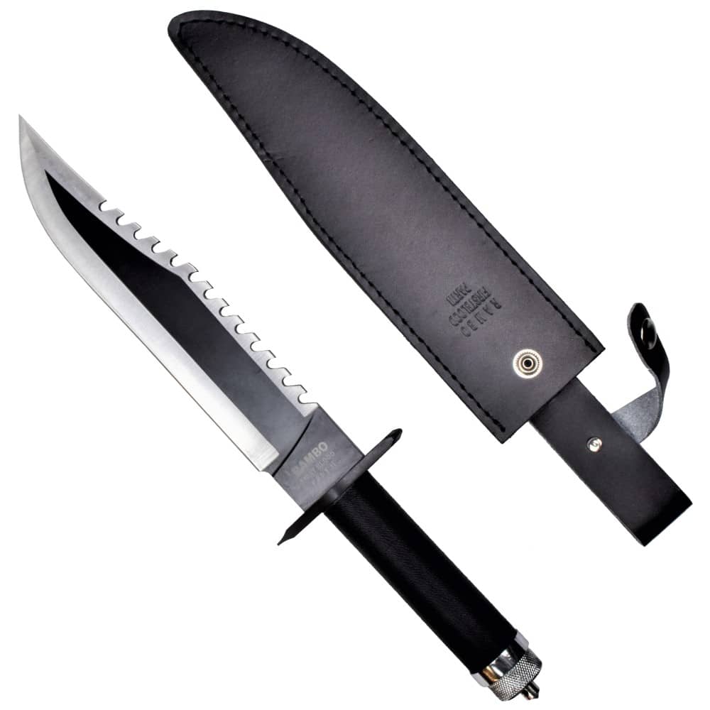 Réplica de Cuchillo Rambo como los de las películas de Rambo con funda negra. Vendido por Espadas y más