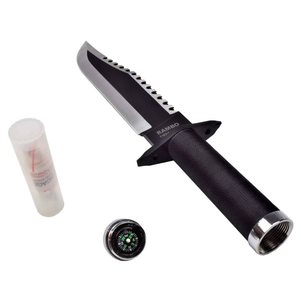 Cuchillo réplica del cuchillo de la Película Rambo II con brújula y gancho de pesca al lado. Vendido por Espadas y más