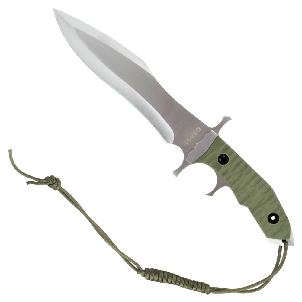 Replica de cuchillo de Rambo como el de las películas de Rambo con mango verde. Vendido por Espadas y más