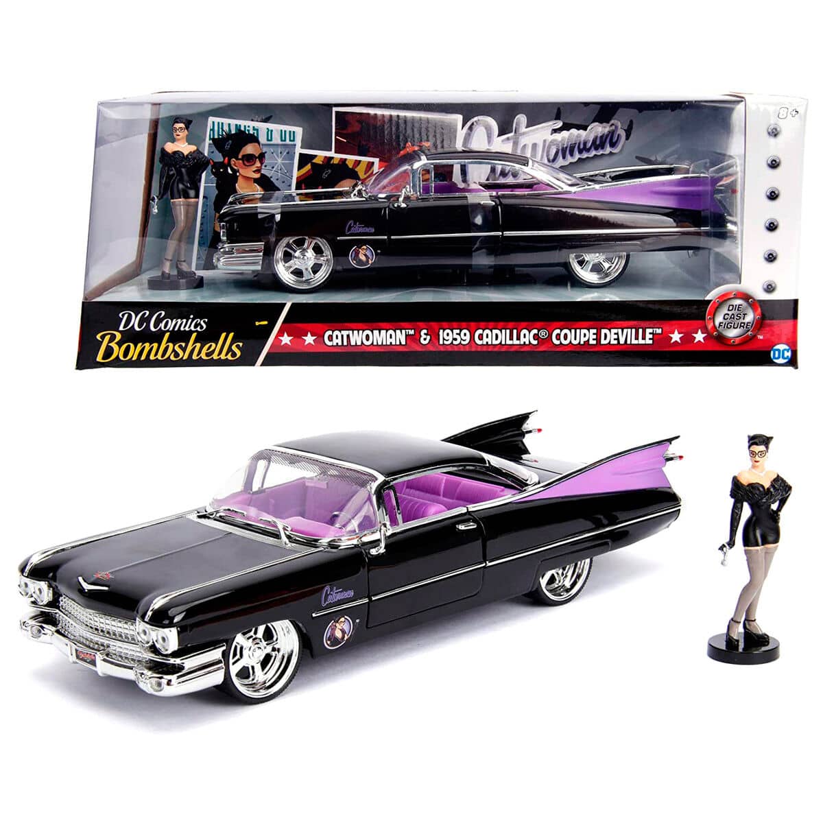 Set figura + coche metal Cadillac Coupe Deville 1959 Catwoman DC Comics - Espadas y Más