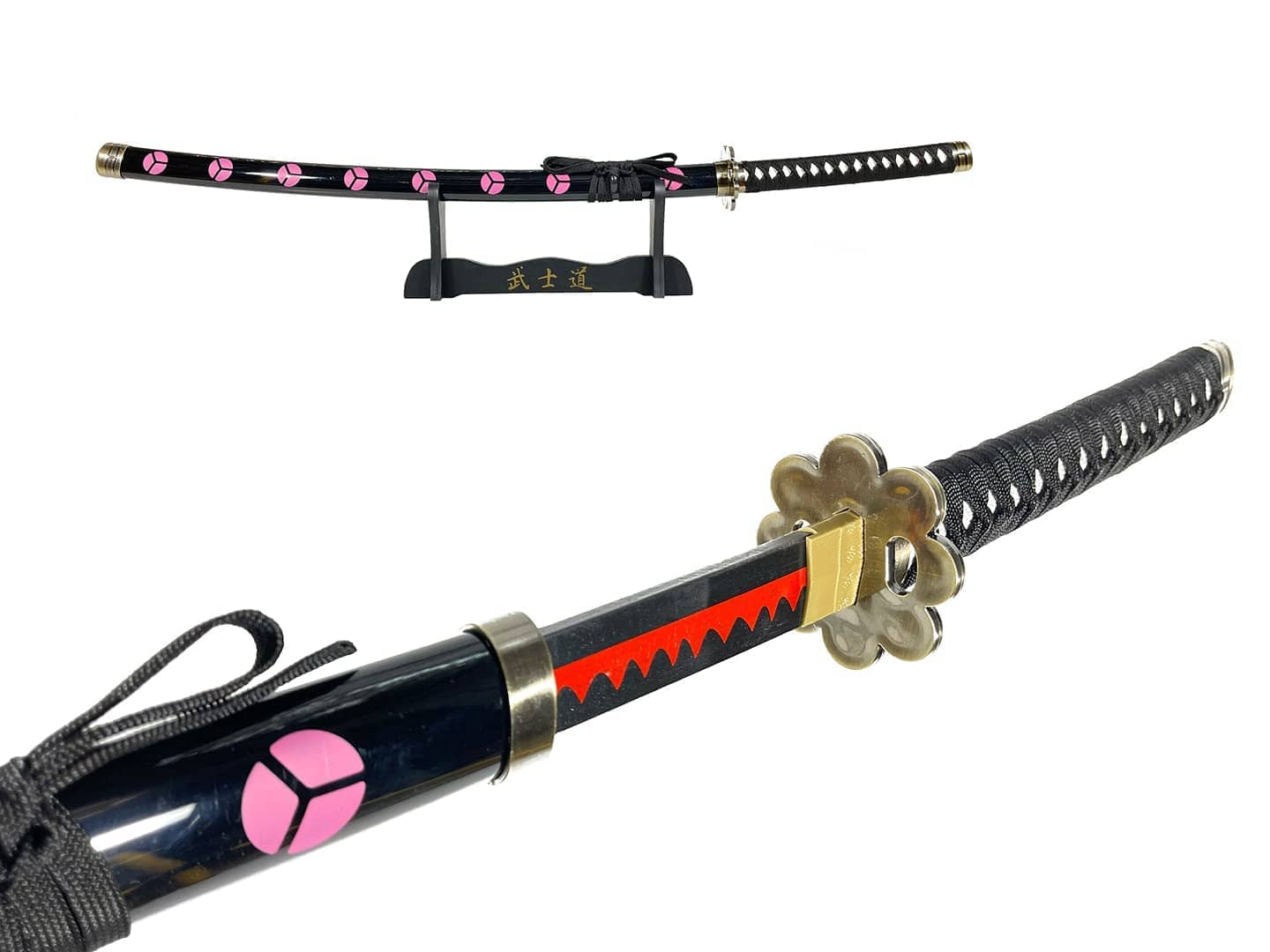 High-end decorative Zoro's Shusui Katana from One Piece with display stand and hamon details. Sold by Swords and More
