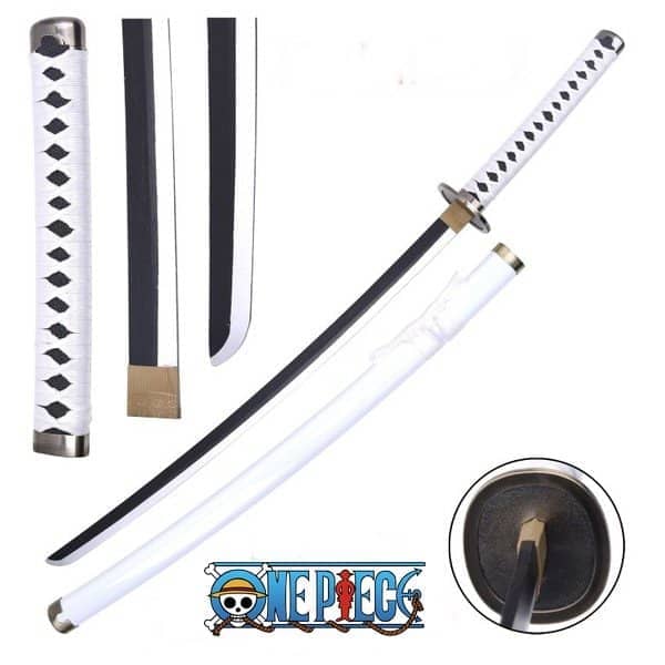 Katana Wado Ichimonji de Zoro de One Piece. La katana es de hoja de bambú, el sageo y la saya son blancas. Vendida por Espadas Y Más