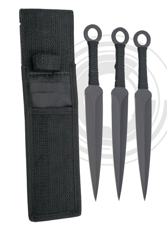 Set de 3 cuchillos lanzadores negros estilo kunai con funda. Vendido por Espadas y más