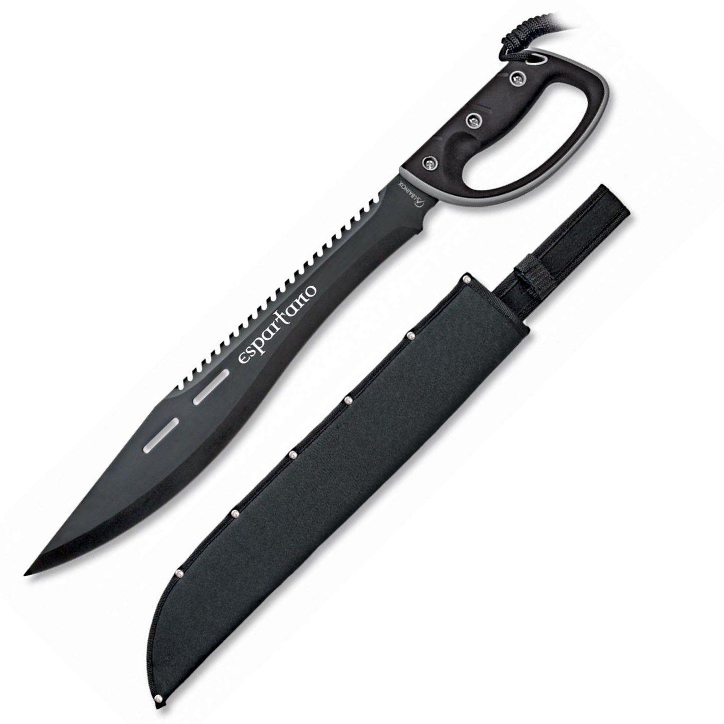 Machete de supervivencia cortacañas espartano negro con funda y mango del mismo color. Vendido por Espadas y más