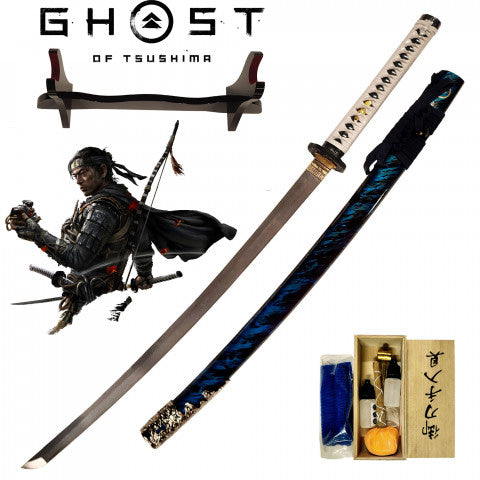 Katana de Jin Sakai de Ghost of Tsushima como la del videojuego con expositor y kit de mantenimiento. Vendido por Espadas y más