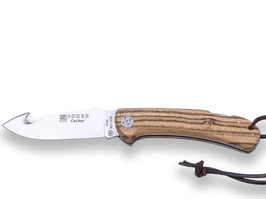 NAVAJA DE CAZA JOKER COCKER PARA DESOLLAR HOJA ACERO INOX MOVA 9 CM Y CACHAS EN MADERA DE BOCOTE NB135 - Espadas y Más