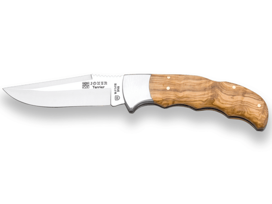 NAVAJA DE CAZA JOKER TERRIER CON MANGO DE MADERA DE OLIVO VIROLA INOX Y HOJA DE 9 CM - Espadas y Más