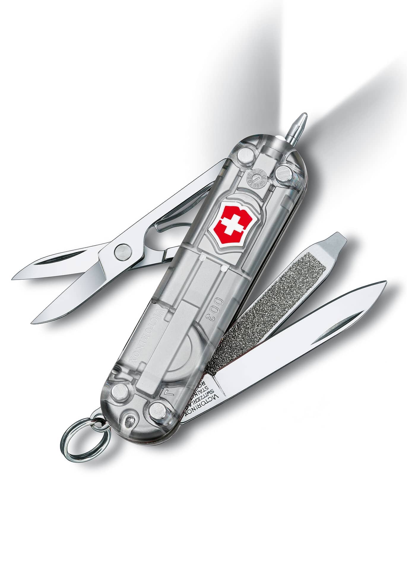 Navaja Multiusos SwissLite, plata transparente o Rojo transparente con LED , Victorinox VI-0.6226.T7 - Espadas y Más