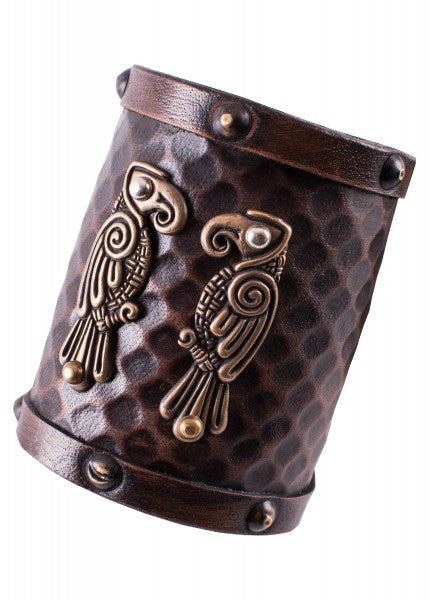 Pulsera o Protector de brazo de cuero con cuervos nórdicos Hugin y Munin - Espadas y Más