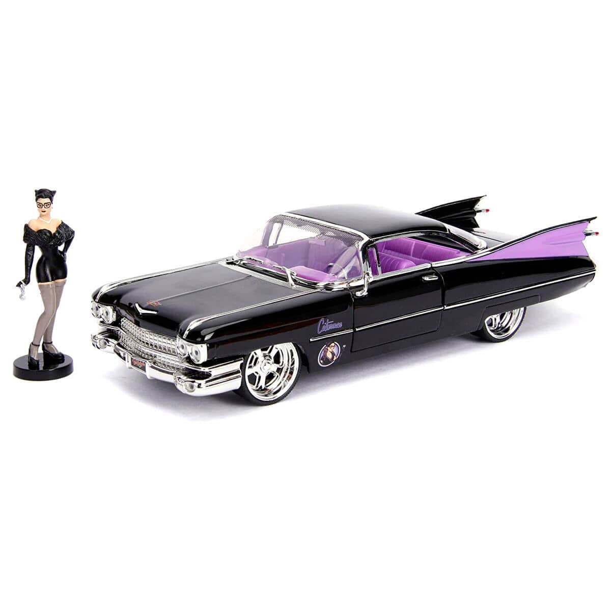 Set figura + coche metal Cadillac Coupe Deville 1959 Catwoman DC Comics - Espadas y Más