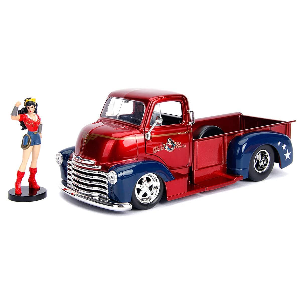 Set figura + coche metal Chevy Coe Pickup 1952 Wonder Woman DC Comics - Espadas y Más