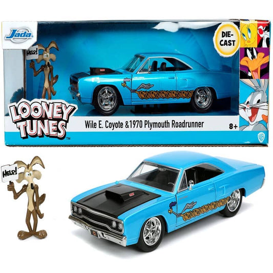 Set figura Coyote + coche Correcaminos Plymouth 1970 Looney Tunes - Espadas y Más