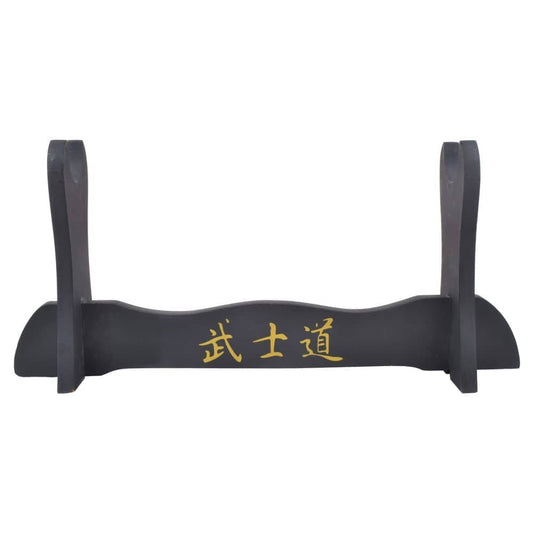 Soporte o peana para katana negro con detalles kanji en dorado para colocar tus katanas japonesas encima de una mesa. Vendido por Espadas y más