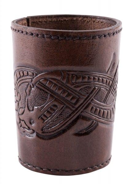Taza de cubo hecha de cuero con motivo de dragón en relieve, estilo Jelling, marrón oscuro ULF-LP-25 - Espadas y Más