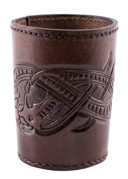 Taza de cubo hecha de cuero con motivo de dragón en relieve, estilo Jelling, marrón oscuro ULF-LP-25 - Espadas y Más